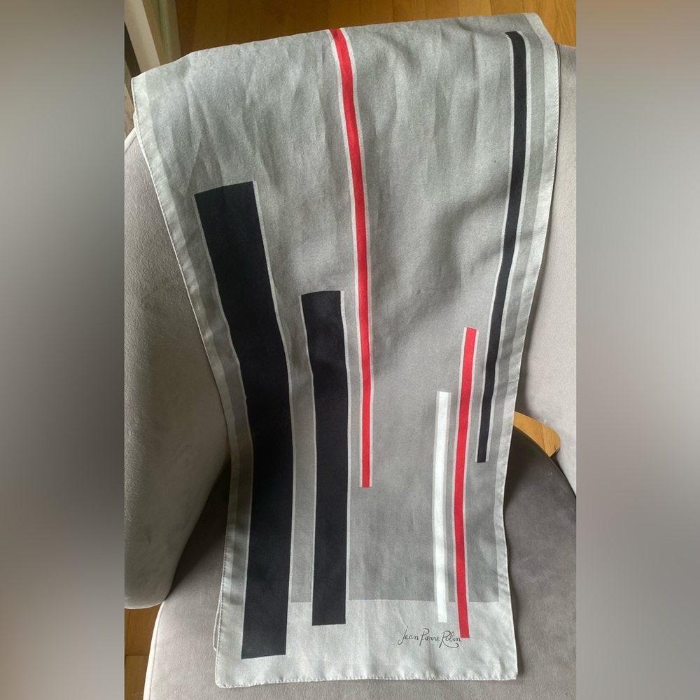 Signed Jean Pierre Robin Gray Scarf with Red and White Accents